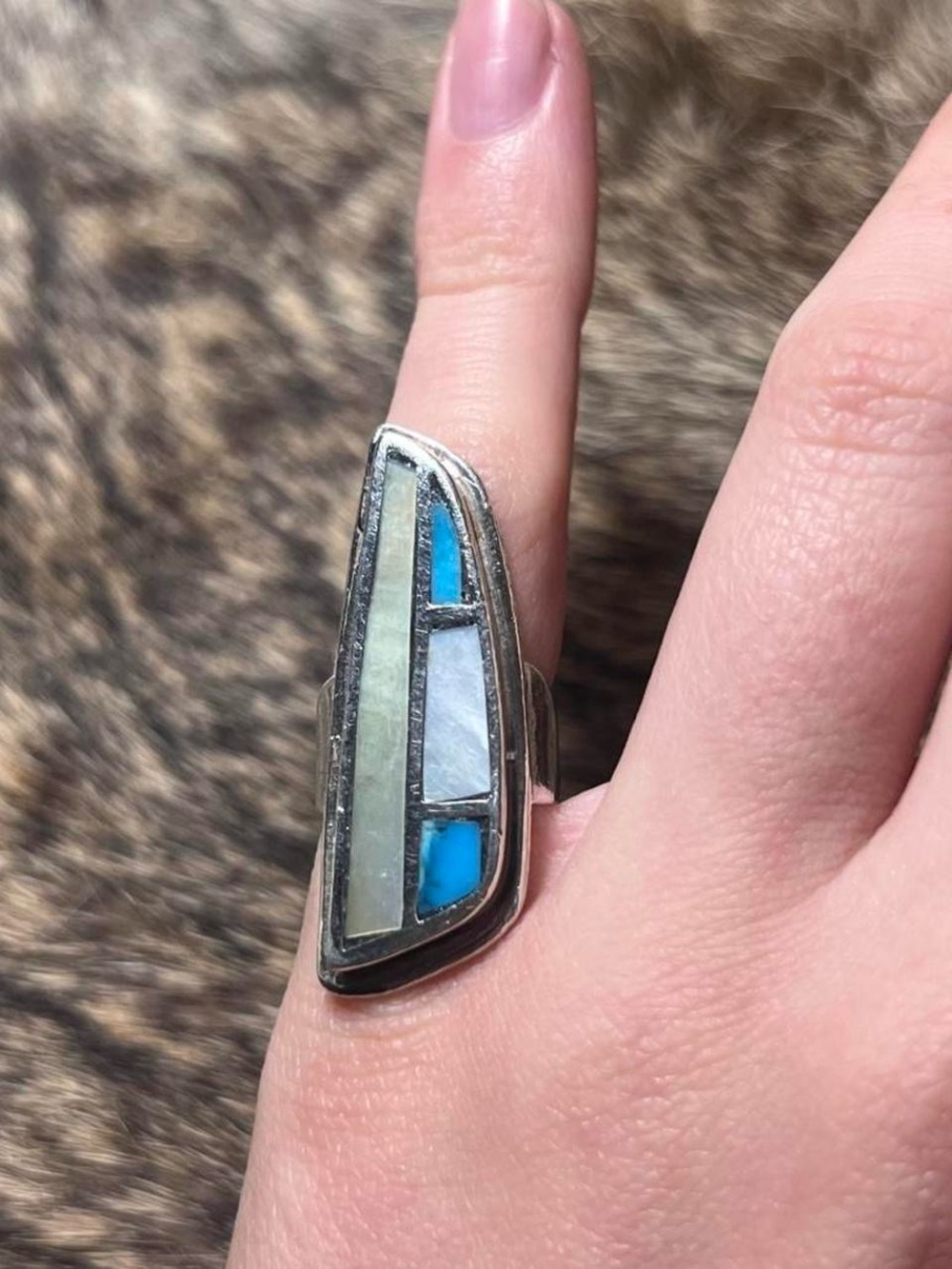 Modernist sterling silver turquoise and mother of pearl inlay ring